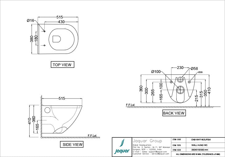 Jaquar Continental Rimless Wall Hung WC