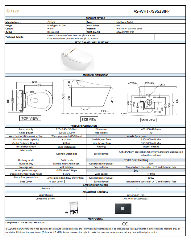 Jaquar Artize Luxelet Wall Hung WC