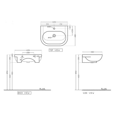 Wall hung basin with fixing accessories: 650 x 480 x 190 mm